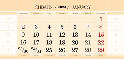 Calendar quarterly block for 2022 year, January 2023. Week starts from Monday. vector