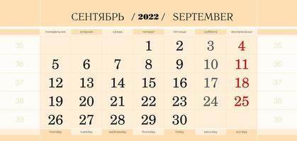 Calendar quarterly block for 2022 year, September 2022. Week starts from Monday. vector