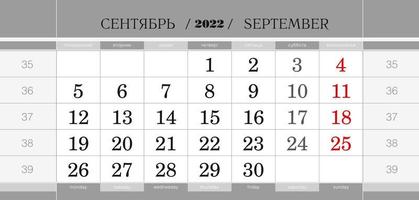 Calendar quarterly block for 2022 year, September 2022. Wall calendar, English and Russian language. Week starts from Monday. vector