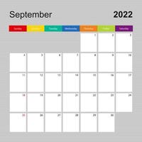 página de calendario para septiembre de 2022, planificador de paredes con diseño colorido. semana comienza el domingo. vector