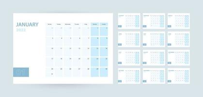 Monthly calendar template for the year 2022, the week starts on Monday. The calendar is in a blue color scheme. vector