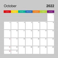 página de calendario para octubre de 2022, planificador de paredes con diseño colorido. semana comienza el domingo. vector