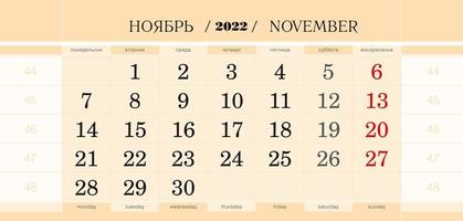 Calendar quarterly block for 2022 year, November 2022. Week starts from Monday. vector