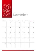 November 2022 calendar design. Week starts on Monday. Vertical calendar template. vector