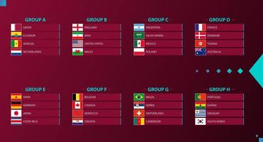 Flags of football tournament 2022 sorted by group on burgundy background. vector