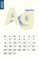 Minimalist calendar template for August 2022, vector calendar in Spanish language.