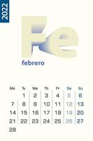 Minimalist calendar template for February 2022, vector calendar in Spanish language.