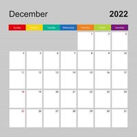 página de calendario para diciembre de 2022, planificador de paredes con diseño colorido. semana comienza el domingo. vector