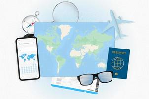 World map with various tourist equipment on an abstract relief background. vector