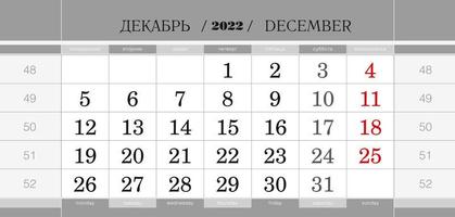 Calendar quarterly block for 2022 year, December 2022. Wall calendar, English and Russian language. Week starts from Monday. vector