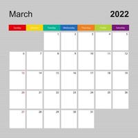 página de calendario para marzo de 2022, planificador de paredes con diseño colorido. semana comienza el domingo. vector