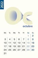 Minimalist calendar template for October 2022, vector calendar in Spanish language.