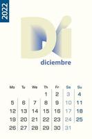 Minimalist calendar template for December 2022, vector calendar in Spanish language.