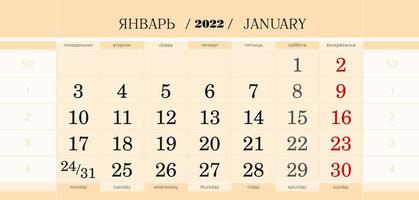 bloque trimestral del calendario para el año 2022, enero de 2022. la semana comienza en lunes. vector