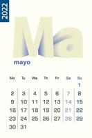 Minimalist calendar template for May 2022, vector calendar in Spanish language.