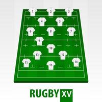 Rugby field with player position. Green Rugby 15 field. vector