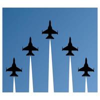 silhouette of five fighter jets flying sky blue background flat iconvector