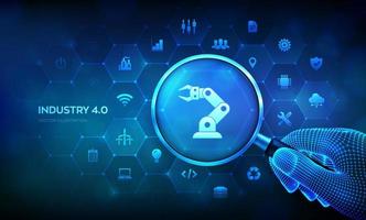 Smart Industry 4.0 concept with magnifier in wireframe hand and icons. Factory automation. Autonomous industrial technology. Magnifying glass and Industrial infographic. Vector illustration.