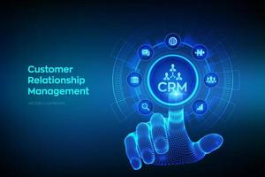 CRM. Customer Relationship Management. Customer service and relationship. Enterprise Communication planning concept on virtual screen. Wireframe hand touching digital interface. Vector illustration.