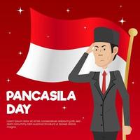 Vector illustration of Pancasila day. Pancasila day with the Indonesian flag as the background and people are respecting