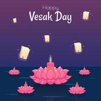 pancarta del día de vesak con bonitos pétalos de buda y loto y lampion en el diseño vectorial de fondo degradado. vesak día cultura tradicional evento ilustración vector diseño