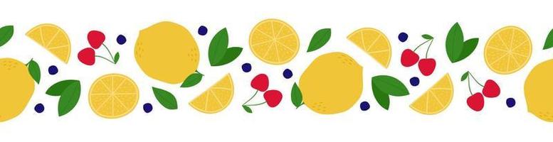Fruit and berries seamless border. Cherry, lemon, leaf and bilberry on white background vector