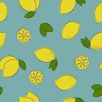 Seamless yellow lemon and green leaves pattern with blue background. Contour drawing vector