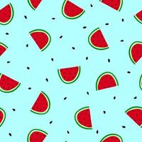 Hand drawn doodle fruit on blue background. Watermelon slices seamless pattern. Bright summer background. vector