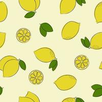 Seamless pattern of yellow lemons and green leaves, abstract repeated background.