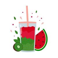 Watermelon and kiwi fruit smoothie in glass with straw. Fresh drink for healthy nutrition. Refreshing summer drink with fruit. Isolated vector illustration