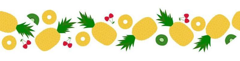 Fruit and berries seamless border. Cartoon pineapples, kiwi fruit and cherries on white background vector
