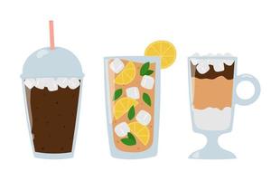 Set of refreshing summer drinks. Cartoon iced coffee, iced latte and cold tea with ice cubes. vector