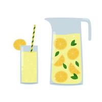 Lemonade in a jug and a glass. Cartoon summer drink with lemon and mint leaves. Isolated vector illustration.
