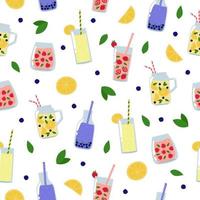 Summer drinks seamless pattern. Juices and lemonades with fruit, berries and leaves on white background. vector