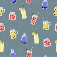 Summer drinks seamless pattern. Juices and lemonades with fruit, berries and leaves on grey background.