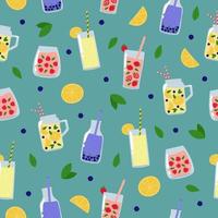 Summer drinks seamless pattern. Juices and lemonades with fruit, berries and leaves on blue background. vector