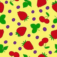 Seamless pattern of strawberry, raspberry, cherry and blueberry. Cartoon line drawn fruits and leaves. vector