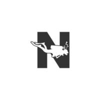 letra n y alguien buceo, ilustración de icono de buceo vector