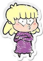 distressed sticker of a cartoon whistling girl vector