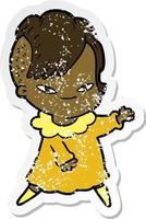 distressed sticker of a cute cartoon girl with hipster haircut vector