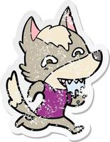 distressed sticker of a cartoon hungry wolf vector
