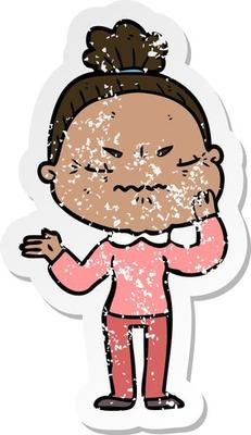 distressed sticker of a cartoon annoyed old lady
