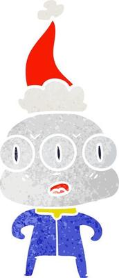 retro cartoon of a three eyed alien wearing santa hat