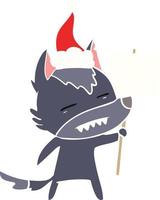 flat color illustration of a wolf with sign post showing teeth wearing santa hat vector