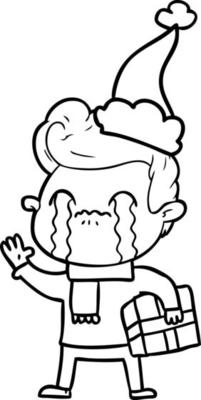 line drawing of a man crying wearing santa hat