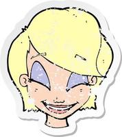 retro distressed sticker of a cartoon pretty female face vector