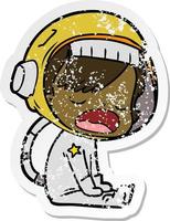 pegatina angustiada de un astronauta parlante de dibujos animados vector