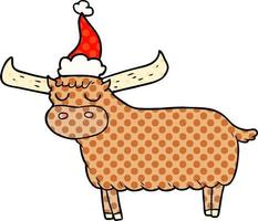 comic book style illustration of a bull wearing santa hat vector