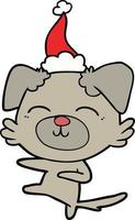 line drawing of a dog kicking wearing santa hat vector