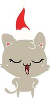 happy flat color illustration of a cat wearing santa hat vector